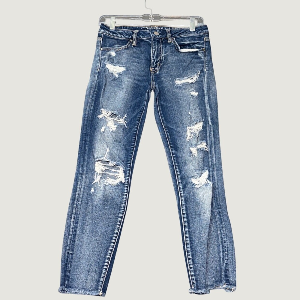 American Eagle Jegging Crop Super Stretch Distressed Blue Jeans Size 6 Regular
